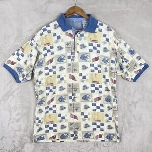 Vintage 90s Bugle Boy AOP Polo Shirt Men's Large Nautical Fish Sailboat Print